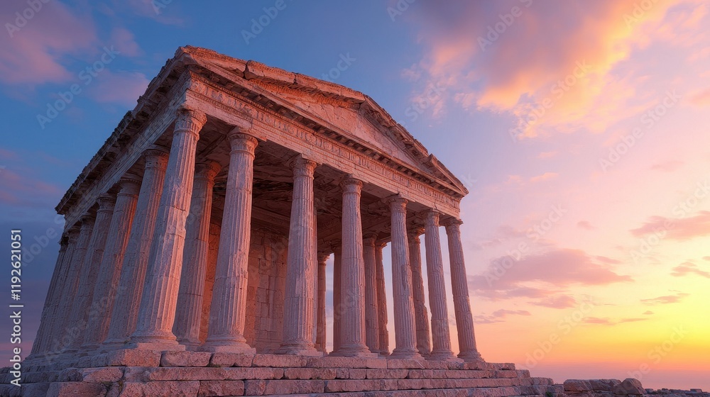 A majestic ancient temple stands against a colorful sunset, showcasing classical architecture and historical significance.