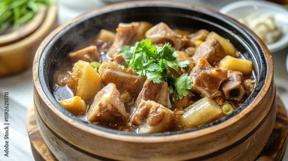 Bamboo Shoots and Pork Bones Stew Serving Freshly Cooked in Traditional Stone Pot Bamboo Shoots and Pork Bones Stew Serving Freshly Cooked in Traditional Stone Pot