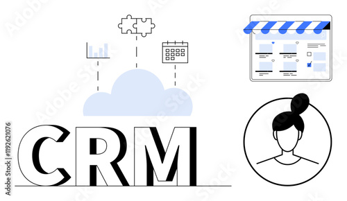 Large CRM letters with cloud, bar graph, puzzle piece, calendar icons signifying data, integration, schedule. Female user profile, storefront UI. Ideal for business marketing customer service