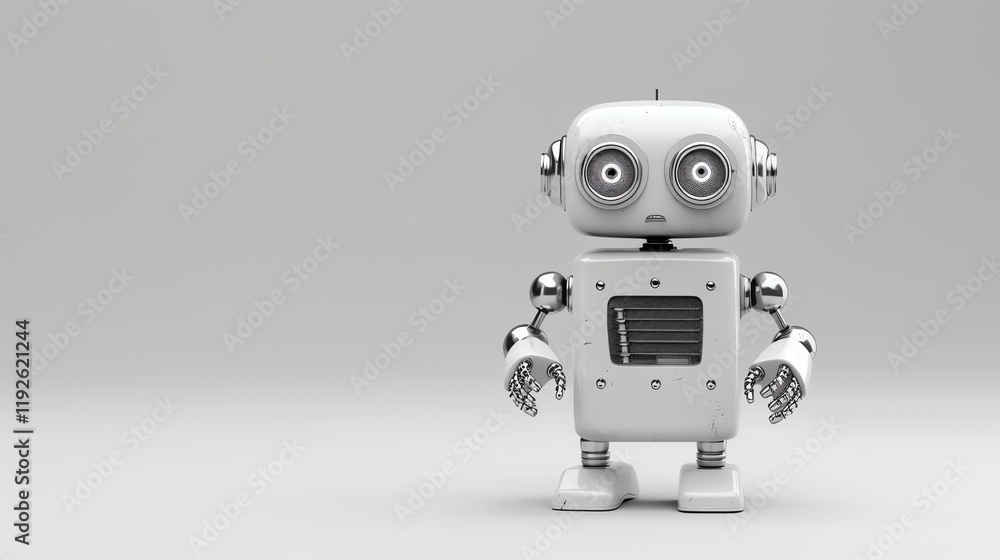 A white robot with big eyes, standing on a white background. A white robot with big eyes, standing on a white background.