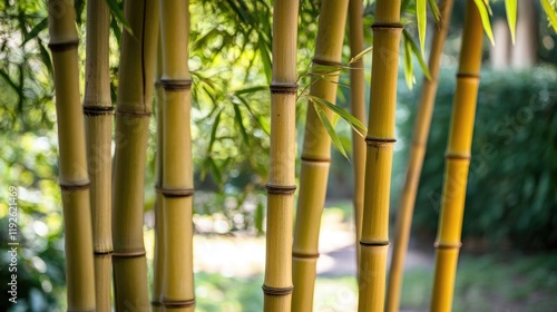 Bamboo Forest with Lush Greenery in a Park Setting Showcasing Tall Yellow Stalks and Vibrant Leaves Under Natural Light