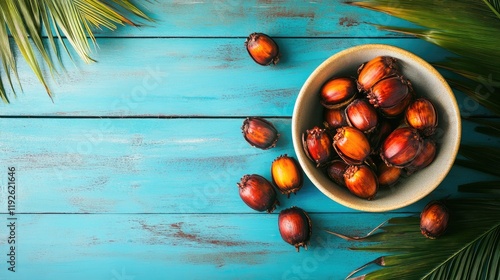 Bowl of fresh palm fruit on a vibrant blue wooden table surrounded by tropical leaves photo