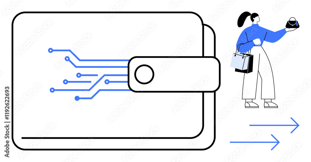 Large wallet with circuit lines representing digital technology. Woman holding shopping bags. Ideal for e-commerce, technology, fintech, digital currency, online shopping, financial security, virtual Large wallet with circuit lines representing digital technology. Woman holding shopping bags. Ideal for e-commerce, technology, fintech, digital currency, online shopping, financial security, virtual