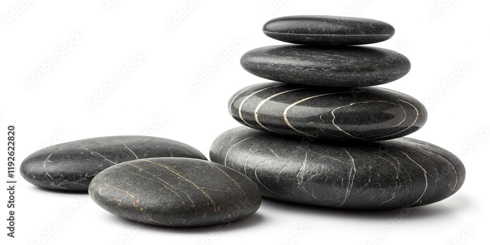 A Set of Black Round Slate Stones Isolated on a White Background, Ideal for Decorative Use