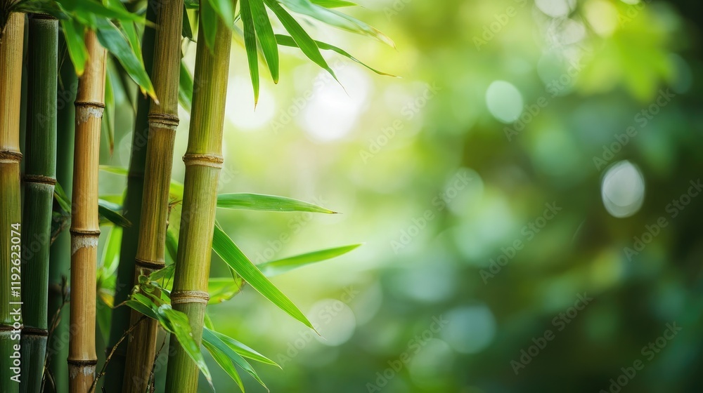 Fototapeta premium Lush green bamboo stalks in a tropical setting with soft bokeh background creating a serene and tranquil nature ambiance.