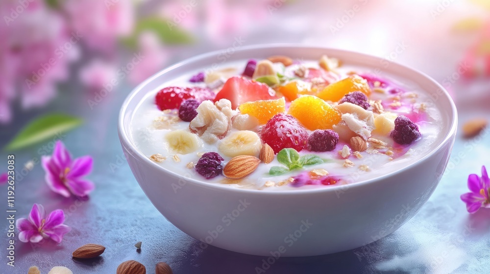Fresh Yogurt Bowl Topped with Colorful Fruits Nuts and Granola Surrounded by Floral Elements in Soft Lighting Fresh Yogurt Bowl Topped with Colorful Fruits Nuts and Granola Surrounded by Floral Elements in Soft Lighting
