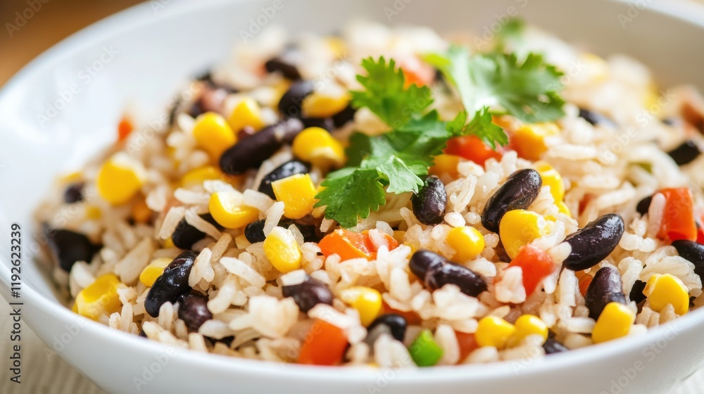 Close-up of a bowl of rice with black beans and corn on a modern white plate, highlighting a healthy and colorful vegetarian meal. Ideal for health-focused recipes and food blogs. Close-up of a bowl of rice with black beans and corn on a modern white plate, highlighting a healthy and colorful vegetarian meal. Ideal for health-focused recipes and food blogs.