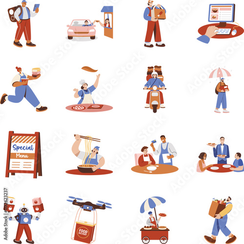 Set of Flat Style Restaurant Delivery Illustrations
