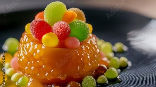 A lime with fruitflavored gumdrops and caramel coating photo