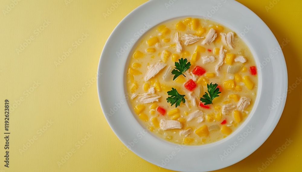 Corn chowder chicken soup for simple lunch on white plate Corn chowder chicken soup for simple lunch on white plate