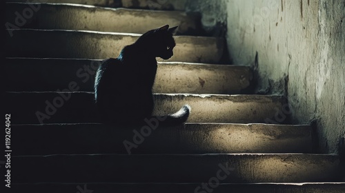 Black cat perched on dimly lit stairs creating a mysterious atmosphere with ample copyspace for text or design elements. photo