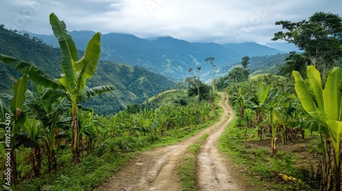 Banana plantation landscape with lush trees and mountain backdrop during harvest season in tropical region