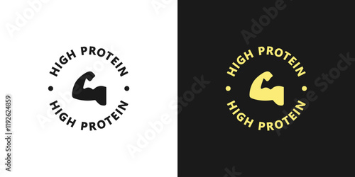 Premium High Protein label vector design for packaging. High Protein product icon gold illustration, logo, symbol, sign, stamp, tag, emblem, mark or seal for package. Rich source of fiber sticker.