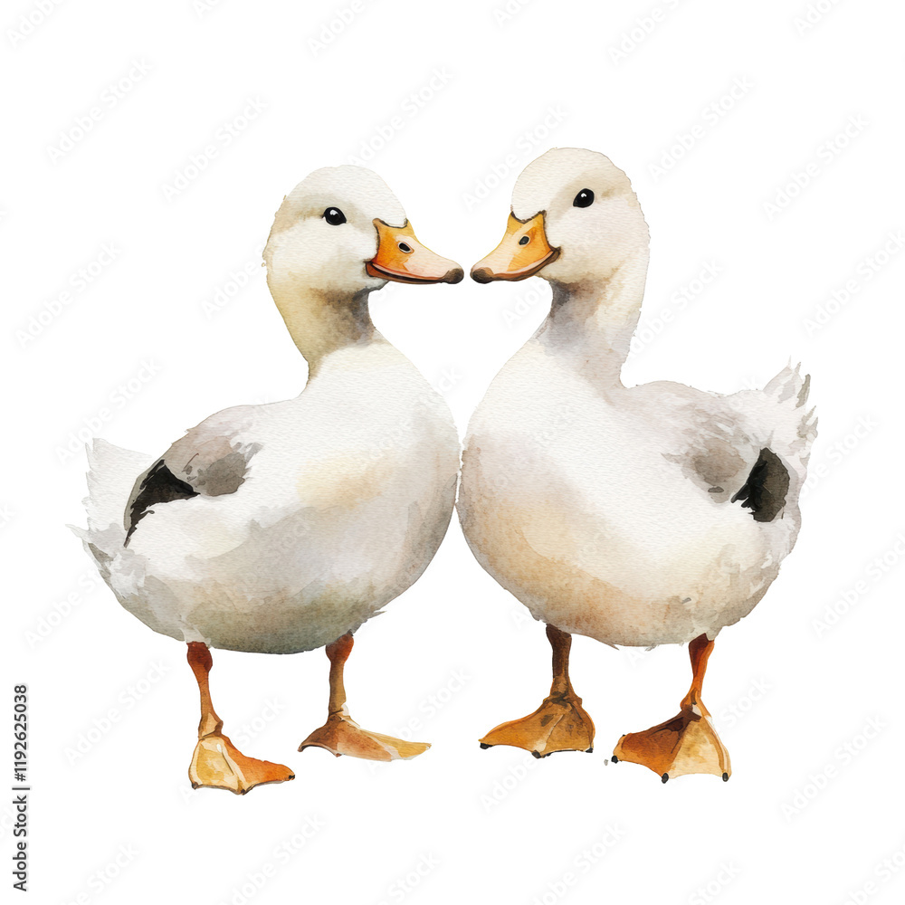 Two ducks standing close together in a playful moment isolated on white Two ducks standing close together in a playful moment isolated on white