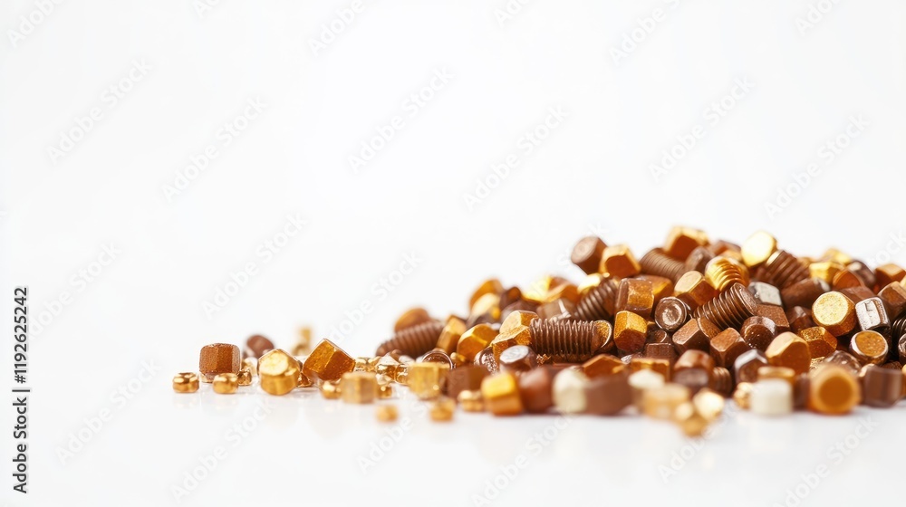 Assorted metallic bolts and nuts scattered on a white surface with selective focus highlighting their textures and colors. Assorted metallic bolts and nuts scattered on a white surface with selective focus highlighting their textures and colors.