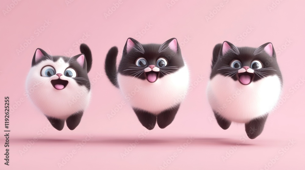 Three adorable cartoon kittens joyfully leap against a soft pink backdrop. Three adorable cartoon kittens joyfully leap against a soft pink backdrop.
