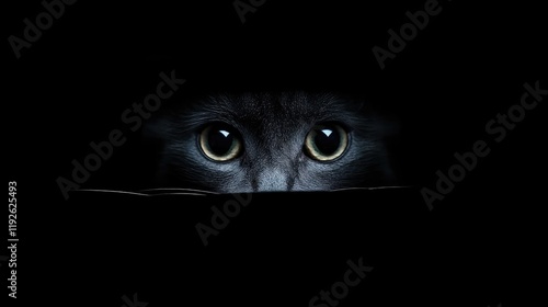 Mysterious black cat eyes peering from darkness with ample copyspace for text or design elements in a dramatic setting. photo