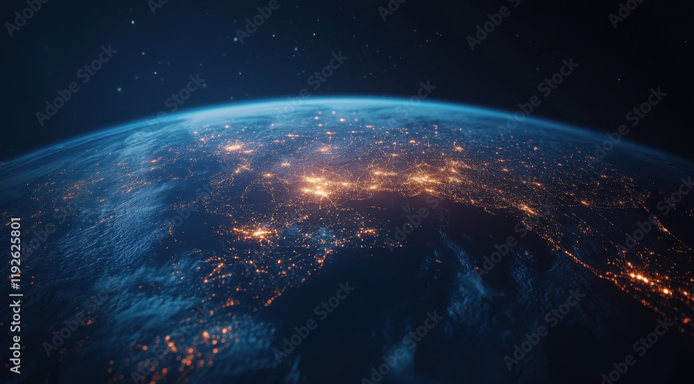 Obraz premium digital globe showcasing glowing connections across continents, highlighting urban areas and natural landscapes. view captures beauty of Earth from space, evoking sense of wonder