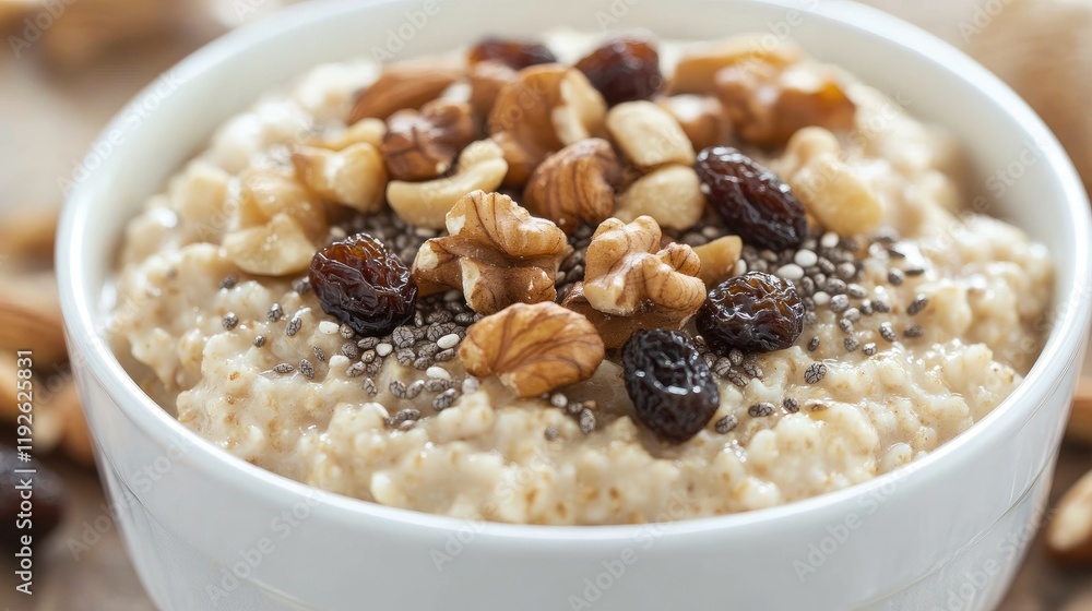 Healthy bowl of oatmeal topped with nuts raisins and chia seeds for nutritious breakfast or snack options close up shot Healthy bowl of oatmeal topped with nuts raisins and chia seeds for nutritious breakfast or snack options close up shot