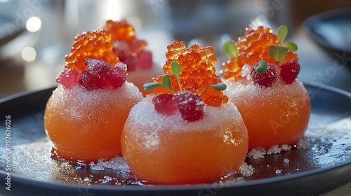A persimmon with sugarcoated chewy gummies on top