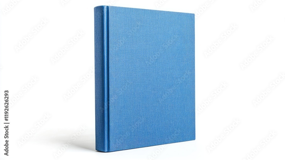 Blue hardcover book standing upright on a white background showcasing a clean and minimalist design for publishing or educational purposes Blue hardcover book standing upright on a white background showcasing a clean and minimalist design for publishing or educational purposes
