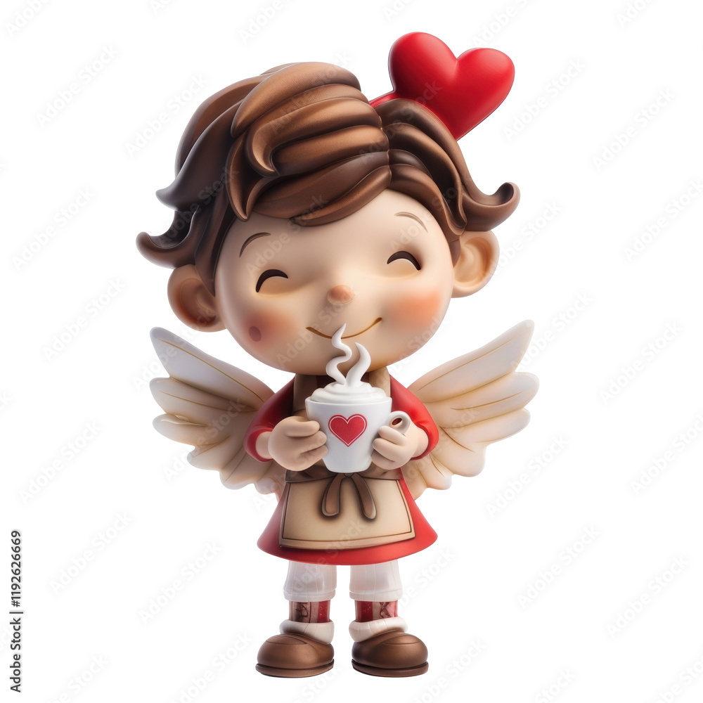Fototapeta premium Cute figurine of a winged character enjoying a warm drink isolated on white