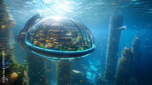 Futuristic underwater city with dome structures and marine life, showcasing a vibrant aquatic world under the sea.