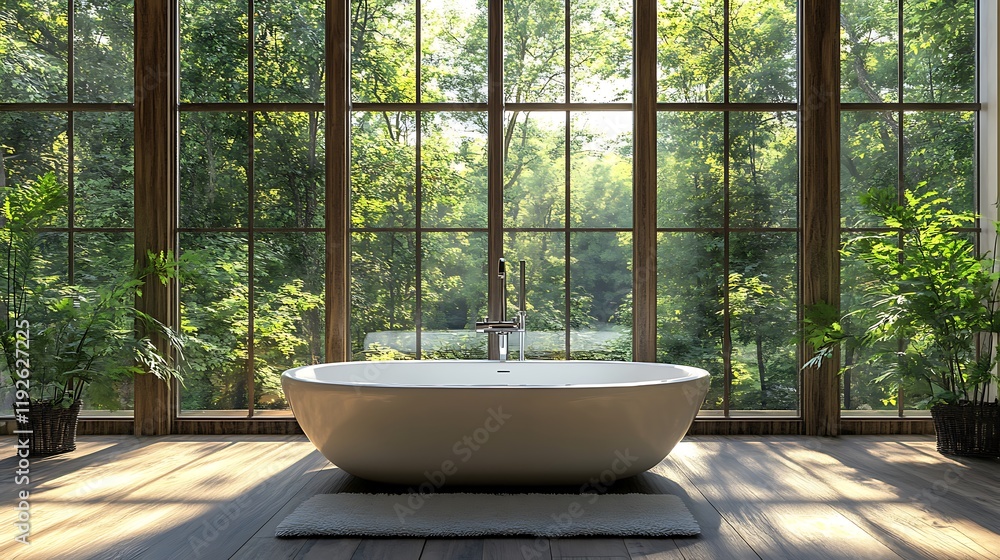 Fototapeta premium A restroom featuring an outside bathtub surrounded by windows