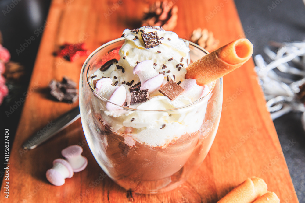 Traditional hot chocolate with whipped cream, marshmallows and chocolate shavings in a Christmas decoration