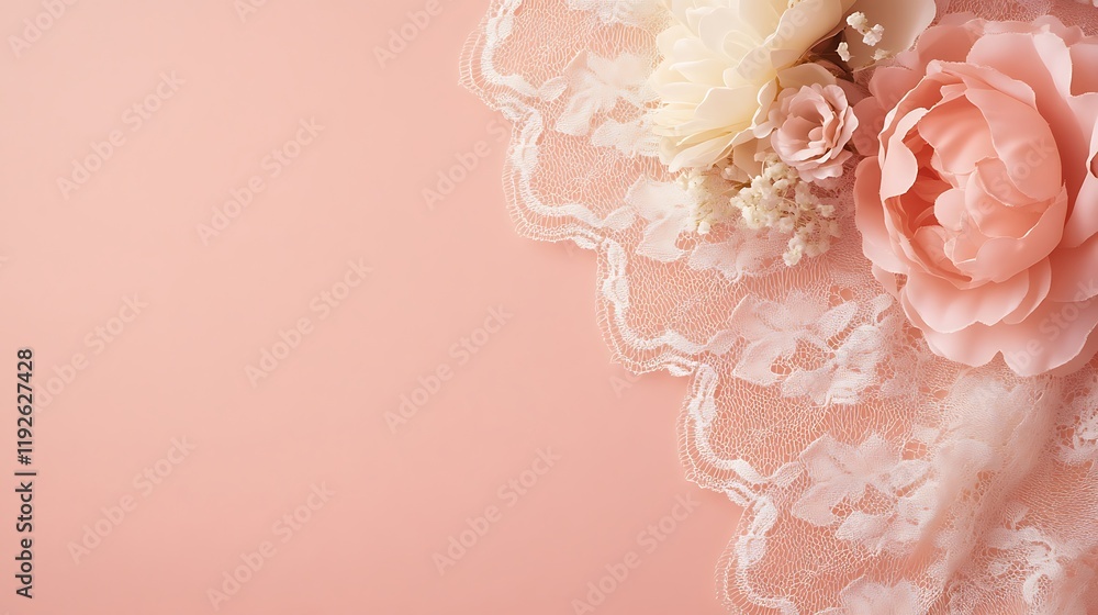 Fototapeta premium Delicate Lace and Pastel Roses on Pink Background