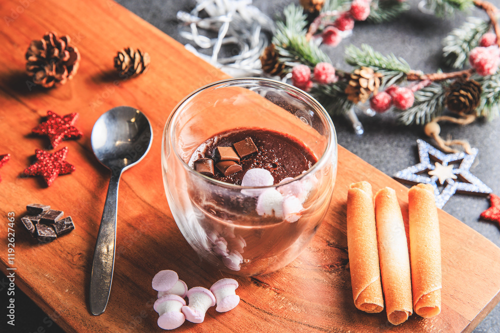 Traditional hot chocolate with marshmallows and chocolate chips in a Christmas decoration