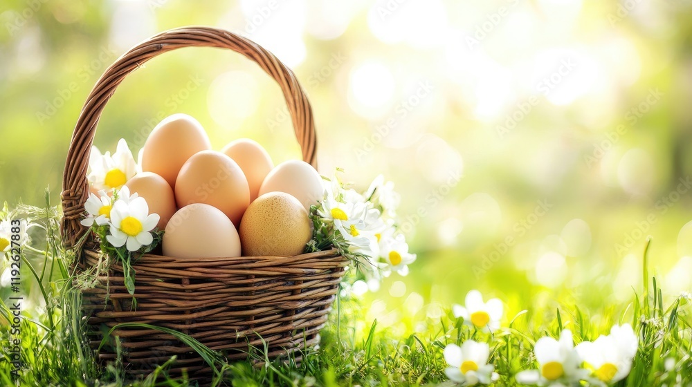 Fototapeta premium A vibrant display of freshly laid eggs in a decorative basket, symbolizing farm-to-table freshness.