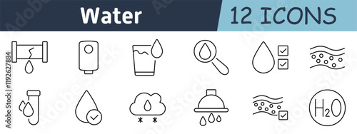 Water set icon. Broken pipe, water heater, glass of water, magnifier, droplet approval, filtration, water test tube, droplet, rain cloud, shower, purification, H2O