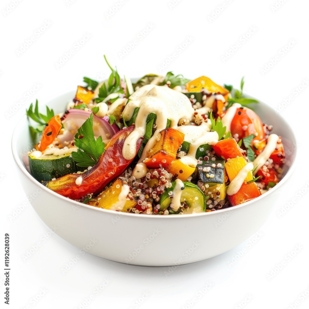 A bowl of colorful quinoa and roasted vegetable salad with lemon tahini dressing, isolated white background, modern art style A bowl of colorful quinoa and roasted vegetable salad with lemon tahini dressing, isolated white background, modern art style