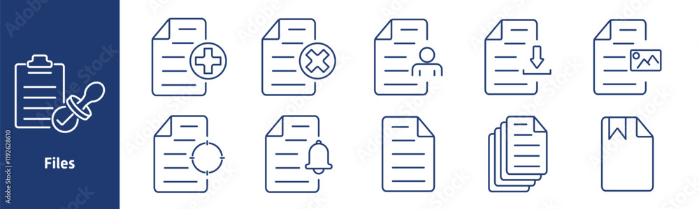 Files set icon. Stamped clipboard, medical document, rejected document, personal, download, image, target document, alert file, stack, bookmarked paper Files set icon. Stamped clipboard, medical document, rejected document, personal, download, image, target document, alert file, stack, bookmarked paper