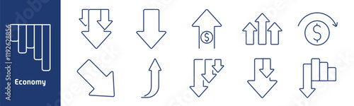 Economy set icon. Declining bars, downward arrows, rising dollar, financial growth, market trends, dollar cycle, descending chart