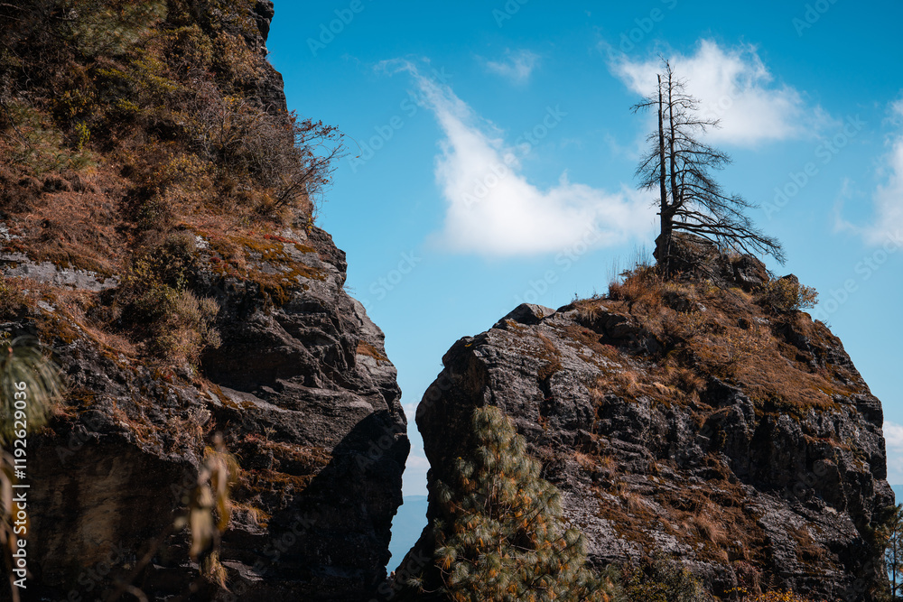 Fototapeta premium A dramatic cleft in the Yunnan, China mountains reveals a vibrant blue sky and a lone, tenacious tree clinging to the rock face. The Dali landscape is stark yet beautiful.