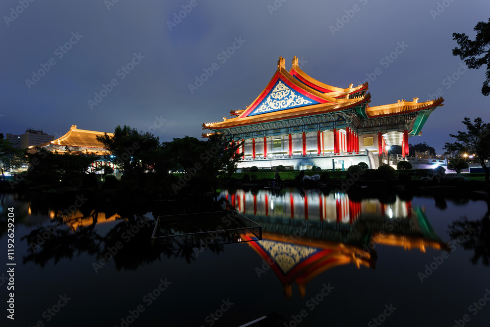 Night view of the famous National Concert Hall with reflection