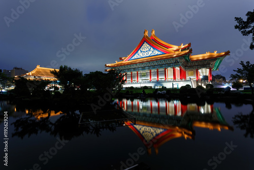 Night view of the famous National Concert Hall with reflection