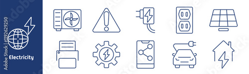 Electricity set icon. Global power, ventilation unit, electrical warning, outlet plug, solar panel, printer, gear, electric vehicle, charging station, powered house