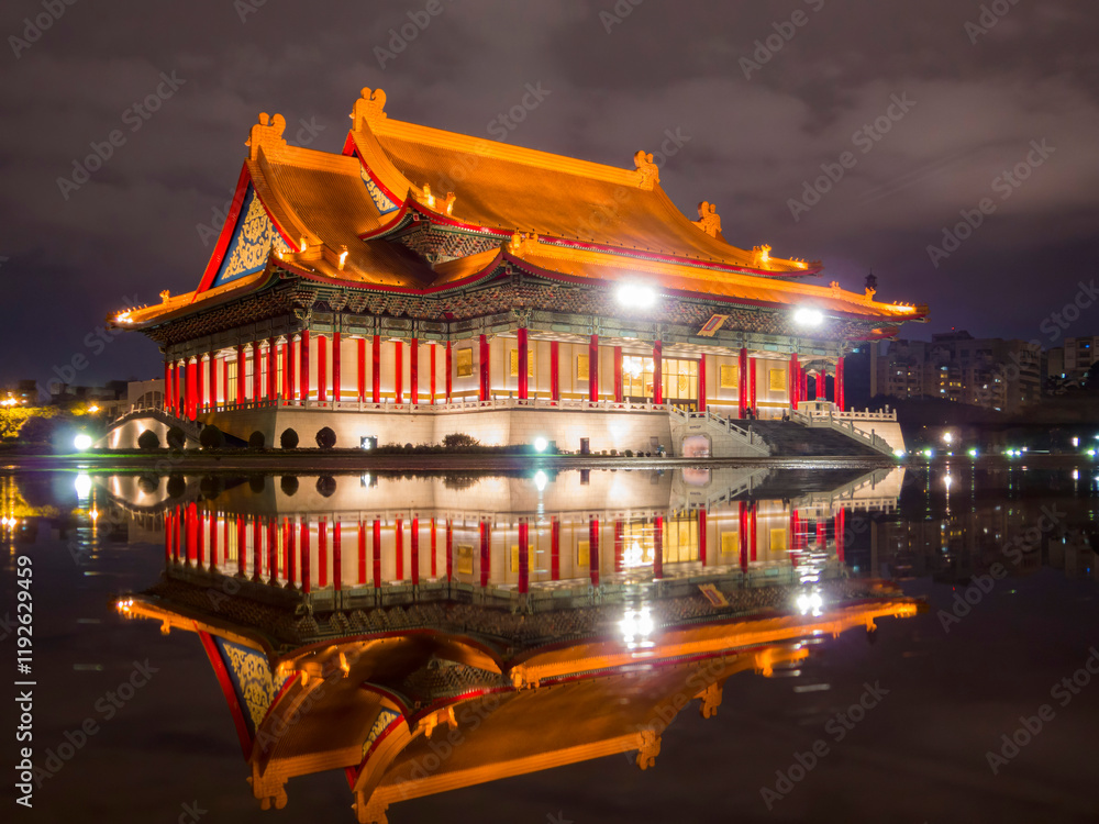 Night view of the famous National Concert Hall with reflection