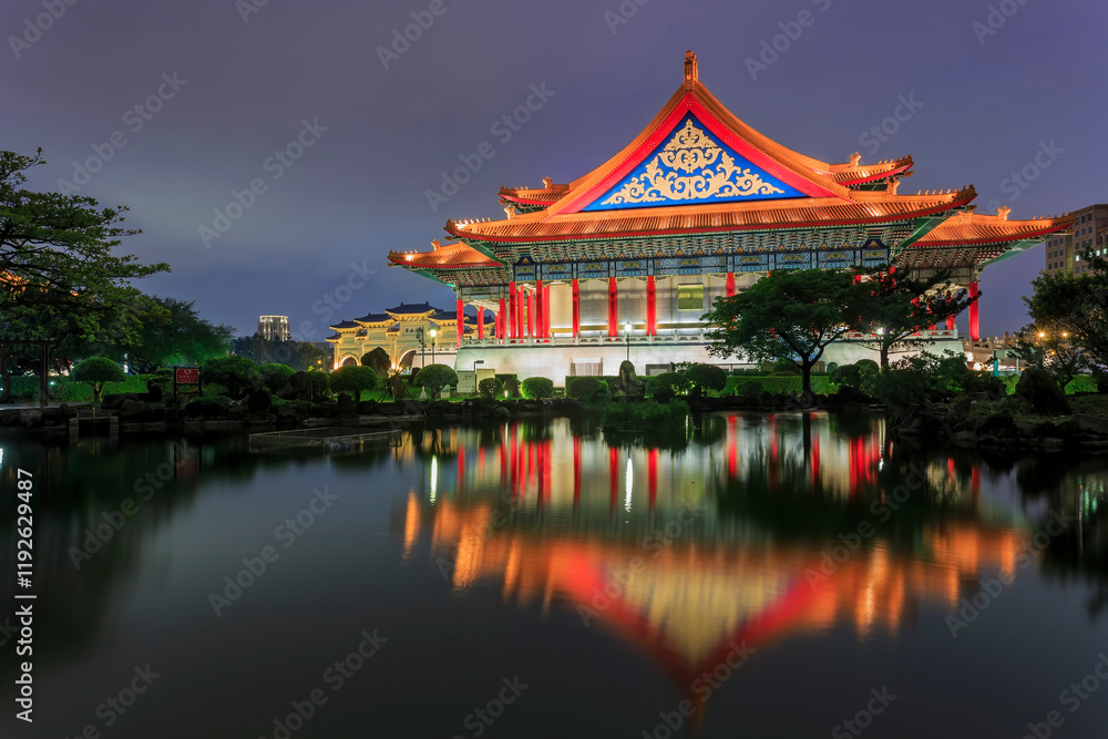 Night view of the famous National Concert Hall with reflection