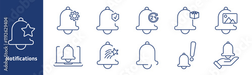 Notifications set icon. Alert bell, settings, security, 24 hour updates, package notification, image alert, star highlight, caution, hand reminder
