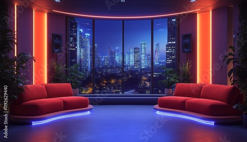 A modern TV talk show set with two red sofas, a large window showing the city skyline at night, neon lights and a sound system in the background