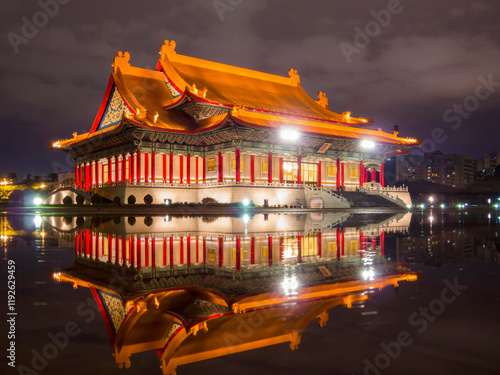 Night view of the famous National Concert Hall with reflection