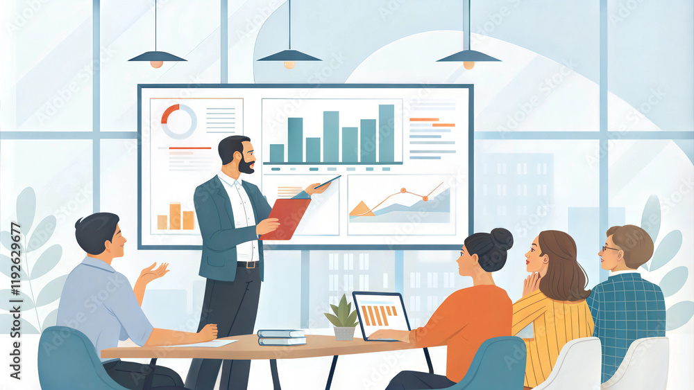 Business meeting with a confident man presenting data on a screen to engaged colleagues in a modern office Business meeting with a confident man presenting data on a screen to engaged colleagues in a modern office