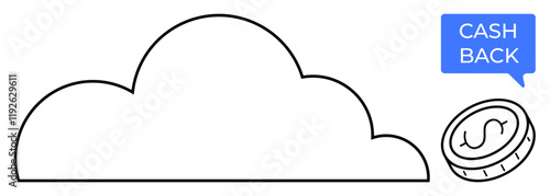 Cloud outline next to cash back speech bubble and coin symbolize digital transactions and savings. Ideal for finance, technology, cloud storage, digital banking, online shopping, cash rewards