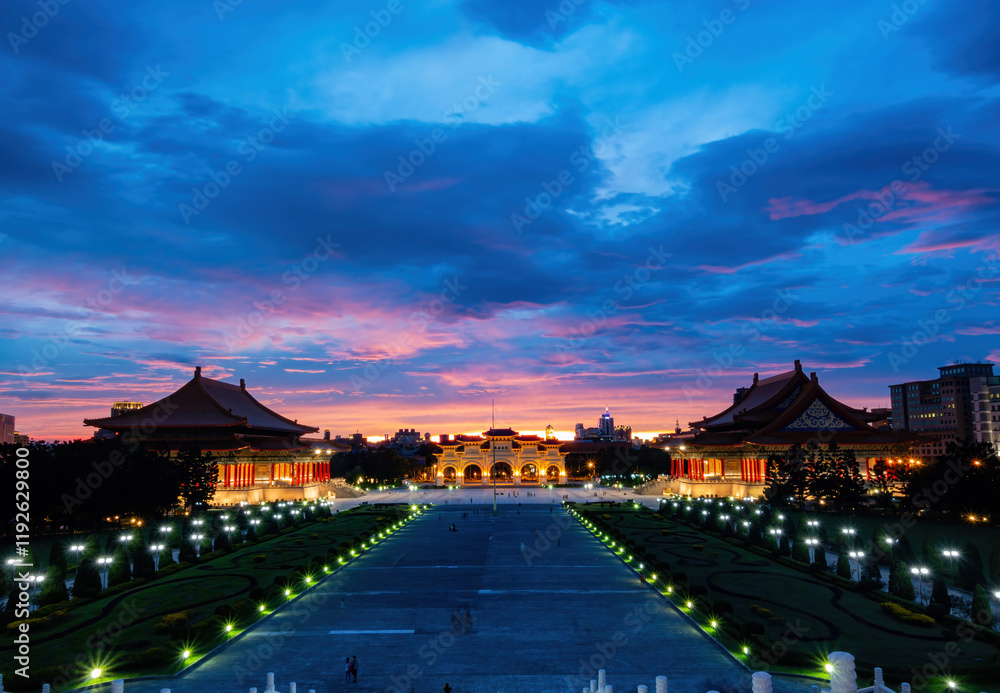 Sunset view of the famous Liberty Square Arch National Concert Hall