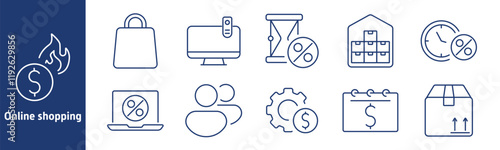 Online shopping set icon. Hot deals, bag, computer, hourglass, warehouse, schedule, package, settings, discount, team, savings, ecommerce, delivery