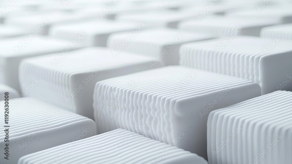 Fototapeta premium Studio absorber concept. Abstract arrangement of white cubes with textured surfaces in a seamless pattern.